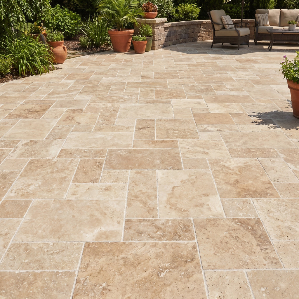Ivory Moderno Travertine Filled and Tumbled Pavers