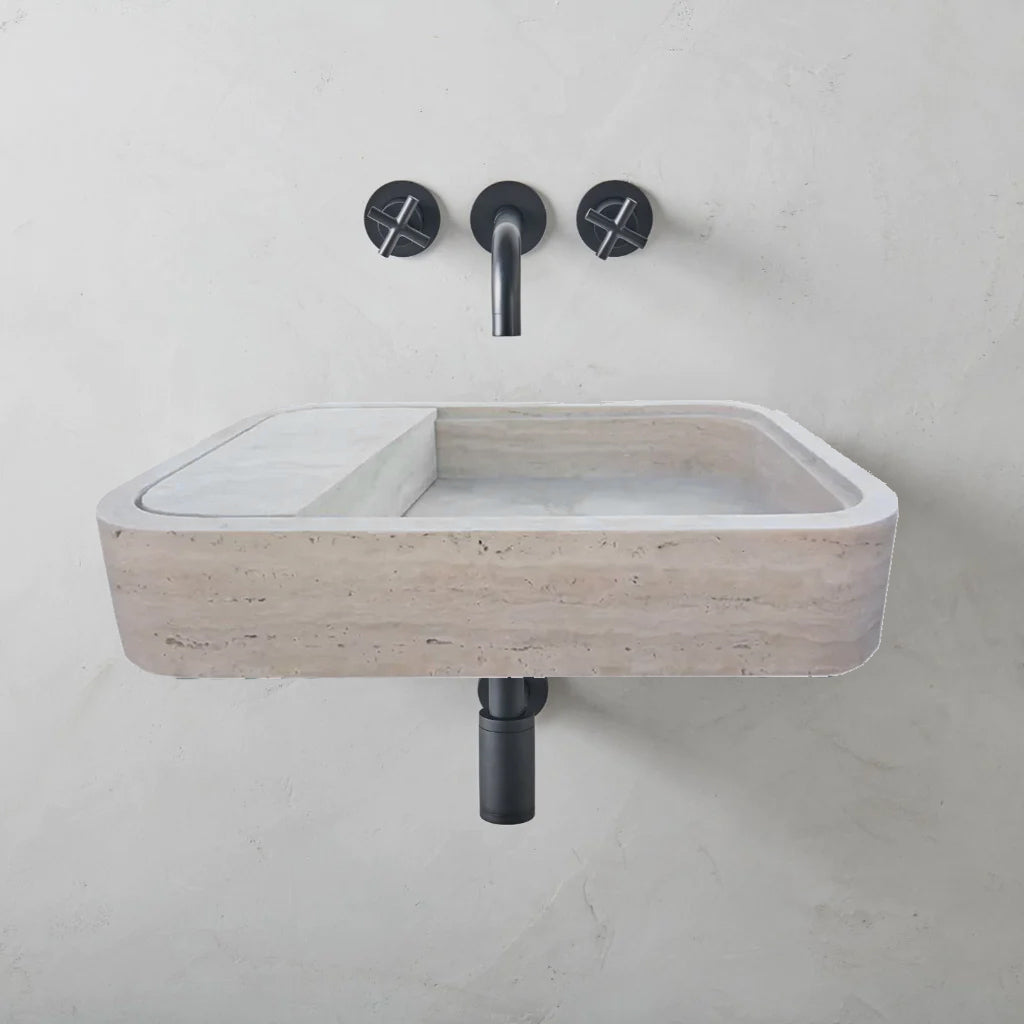 Beige Travertine Rectangular Wall-mount Bathroom Sink Hidden Drain (W)16" (L)24" (H)5" - READY TO SHIP