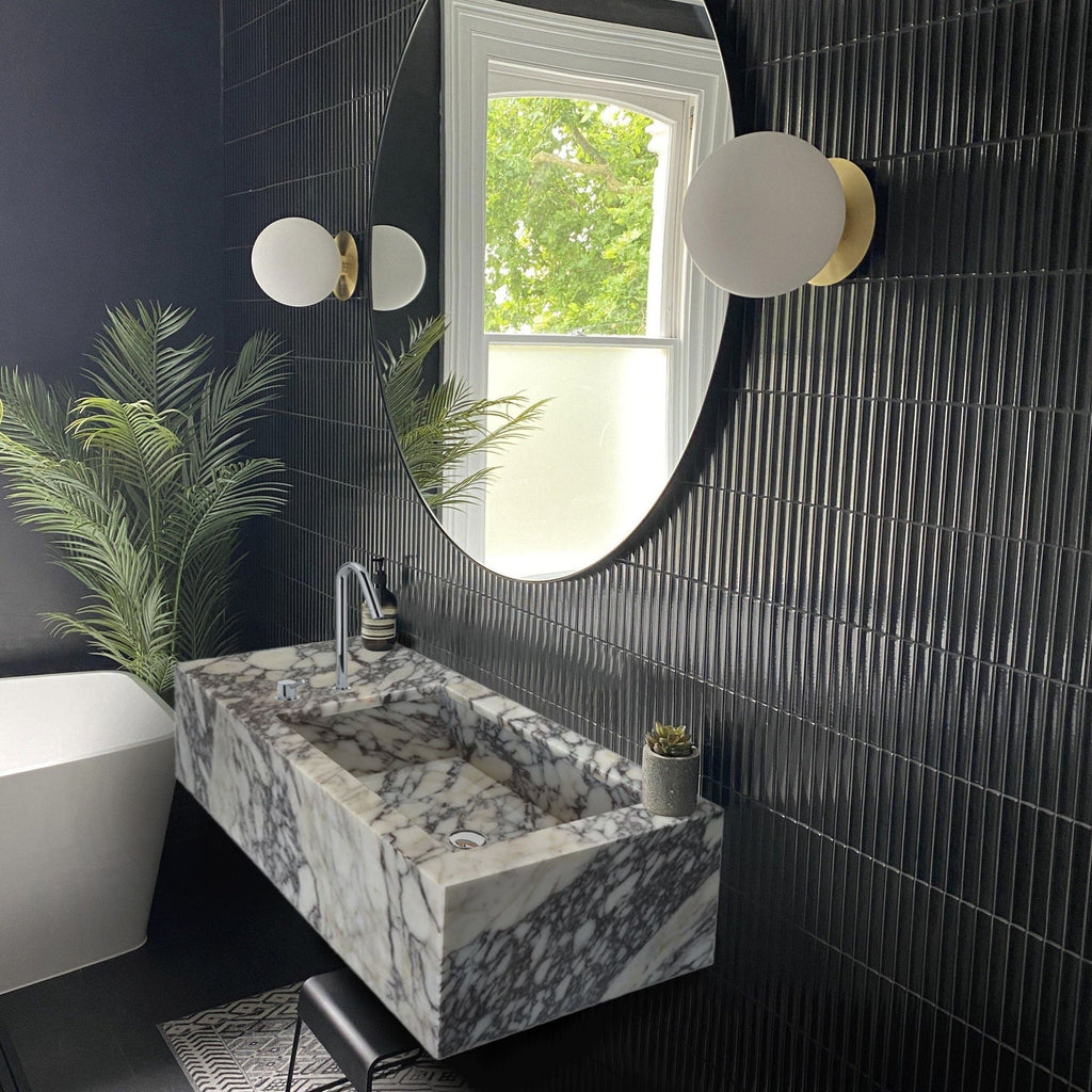 Calacatta Viola Marble Rectangular Wall-mount Bathroom Sink Side Faucet Holes (W)21" (L)40" (H)9"