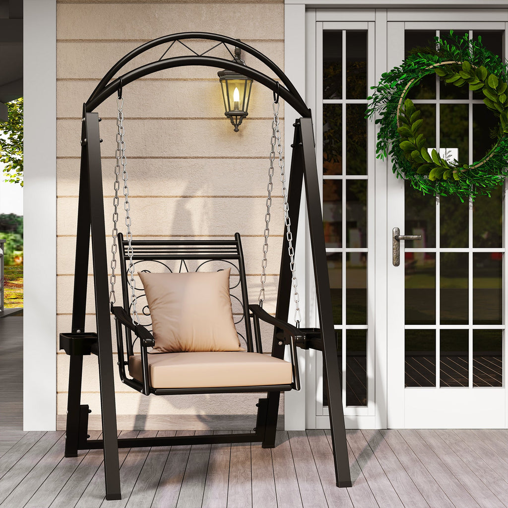 Outdoor Porch Swing with Removable Cushions and Side Tables for Garden Balcony-Black