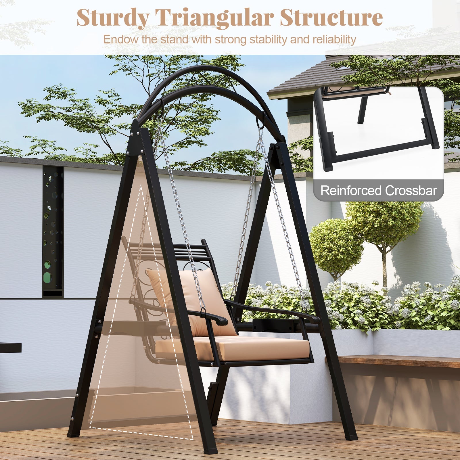 Outdoor Porch Swing with Removable Cushions and Side Tables for Garden Balcony-Black