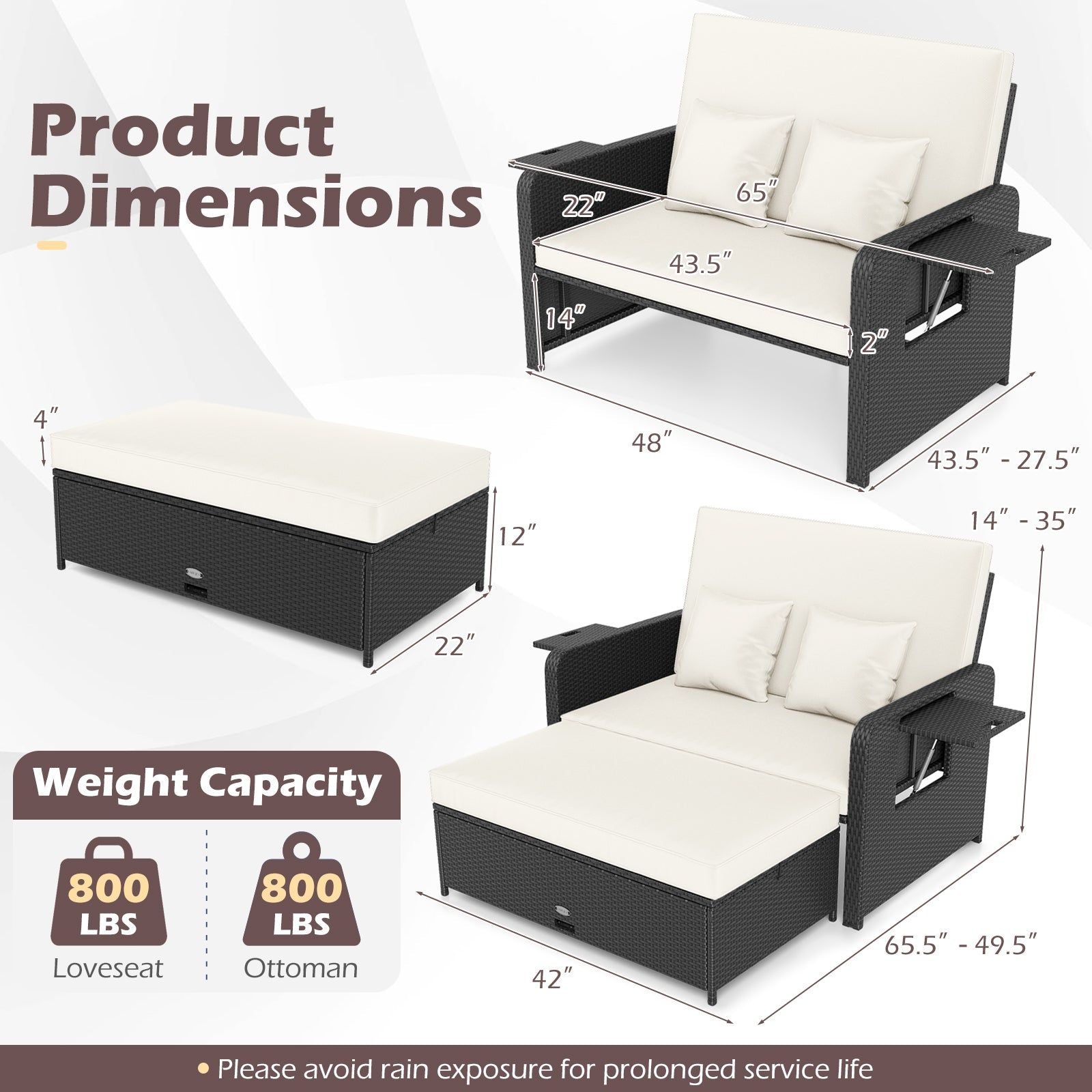 PE Wicker Outdoor Daybed with 4-Level Adjustable Backrest and Storage Ottoman