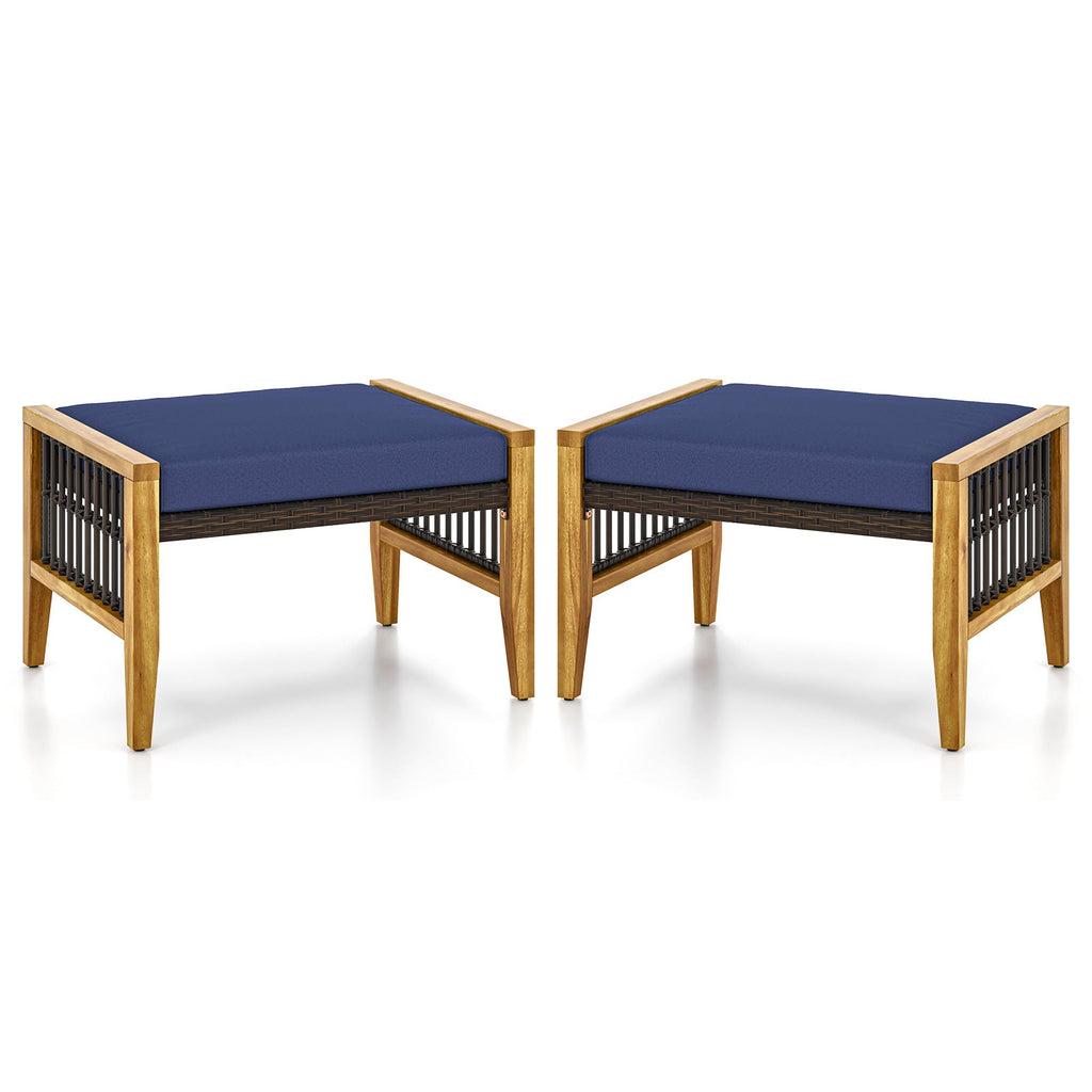 Patio Acacia Wood Ottomans with Cushions and Versatile Rattan Woven Footstools-Navy