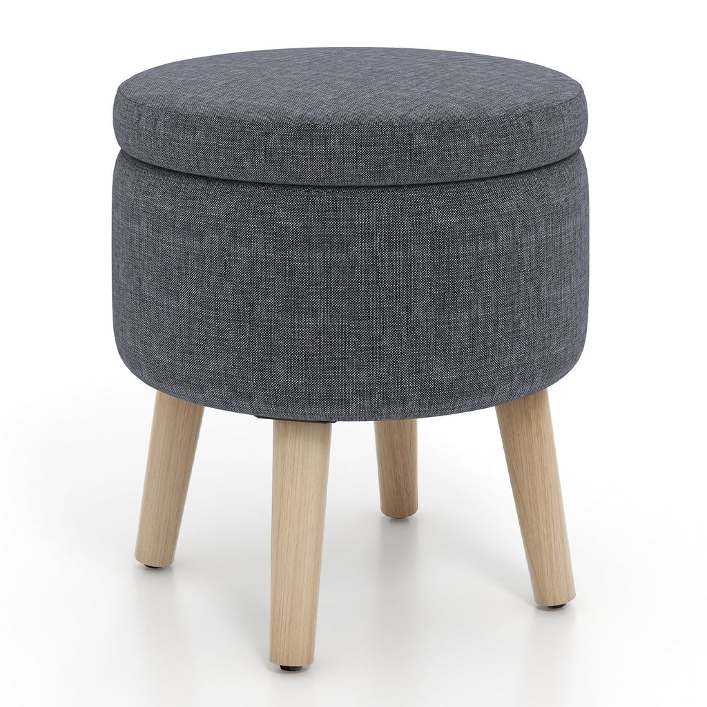 Round Storage Ottoman with Rubber Wood Legs and Adjustable Foot Pads
