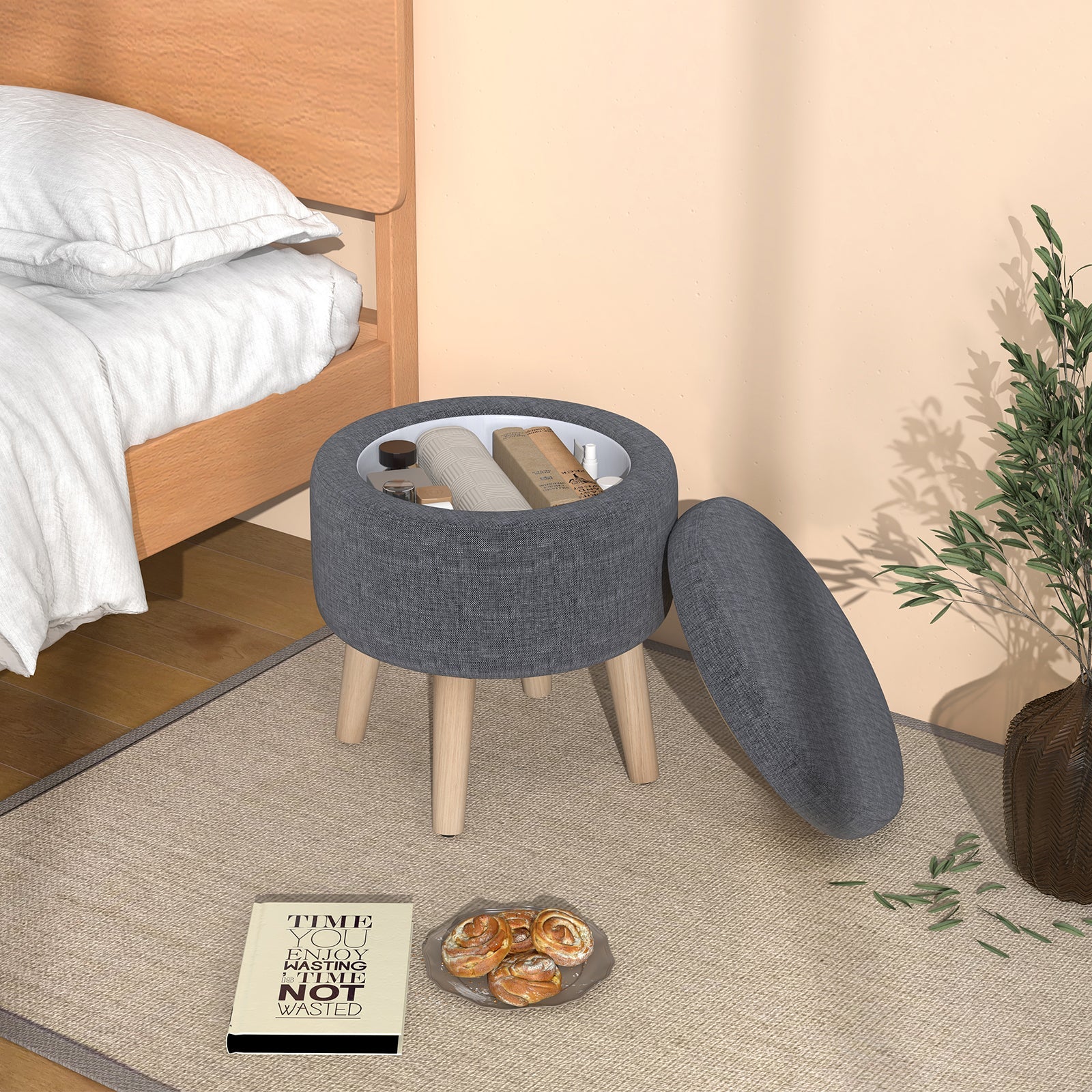 Round Storage Ottoman with Rubber Wood Legs and Adjustable Foot Pads