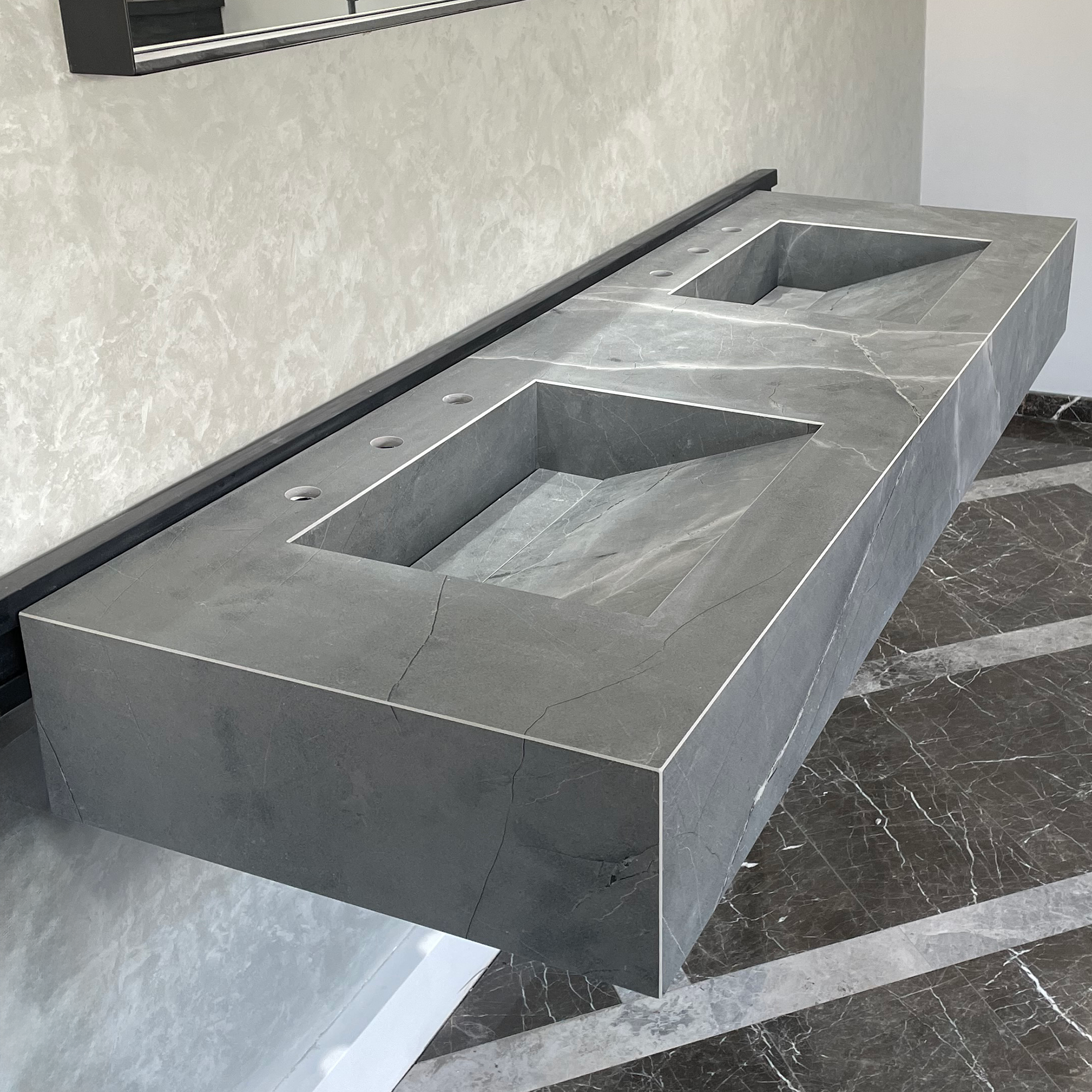 HANDCRAFTED ARMANI GREY HIGH ENGINEERED PORCELAIN DOUBLE SINK (ES-096)