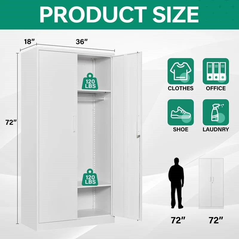 White Metal Locking Wardrobe Armoire Cabinet with Clothing Hanging Rod
