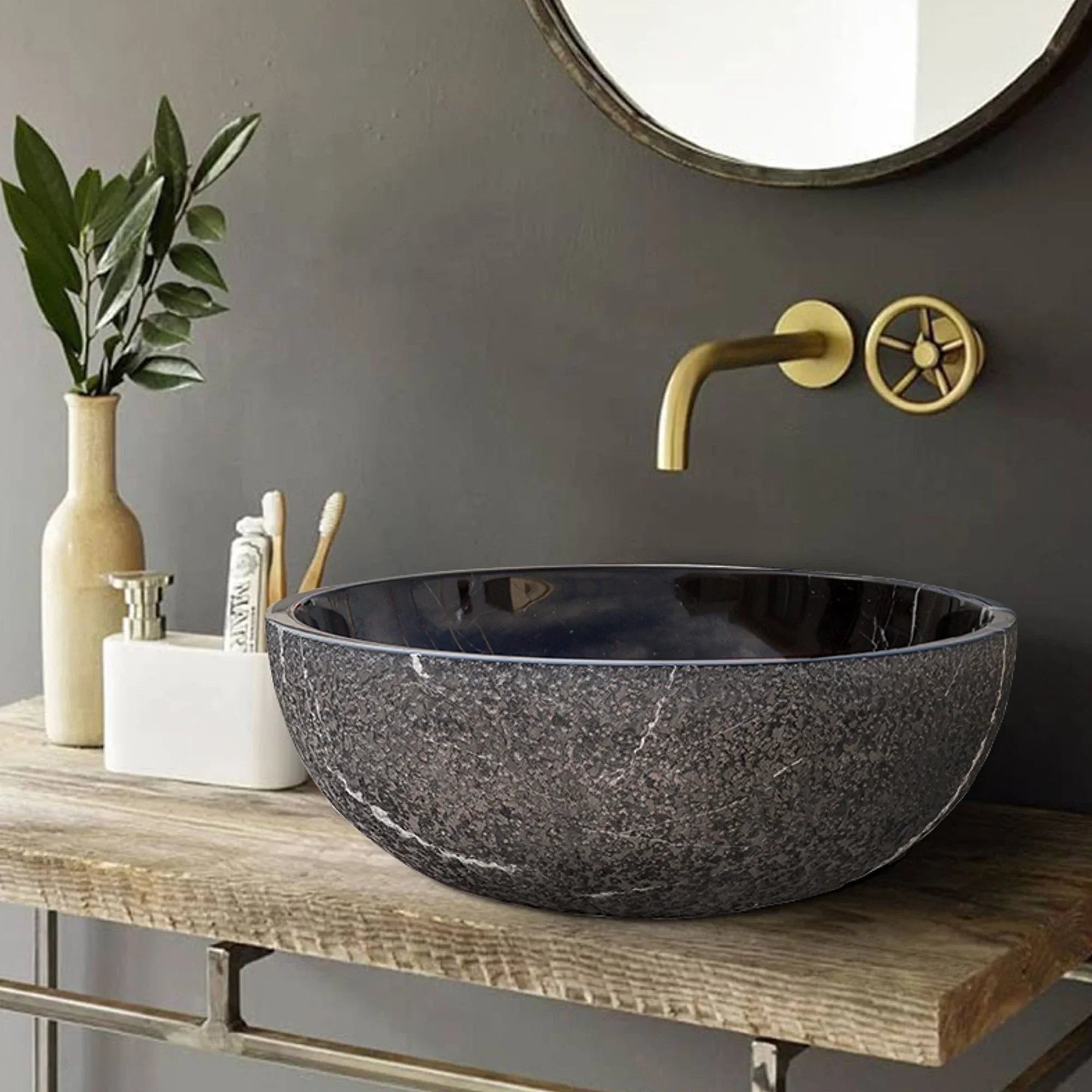 Toros Black Marble Above-Vanity Bathroom Vessel Sink Rough Exterior (D)16" (H)6" - In Stock