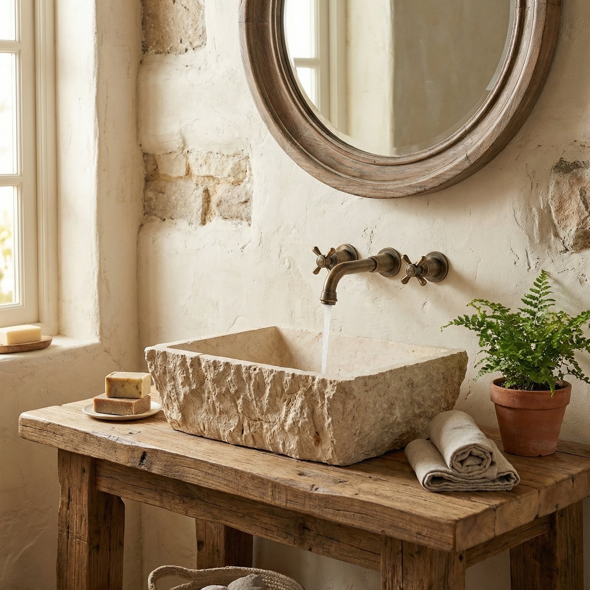 Troia Light Rustic Travertine Rectangular Above Vanity Bathroom Sink Hand Chiseled Exterior
