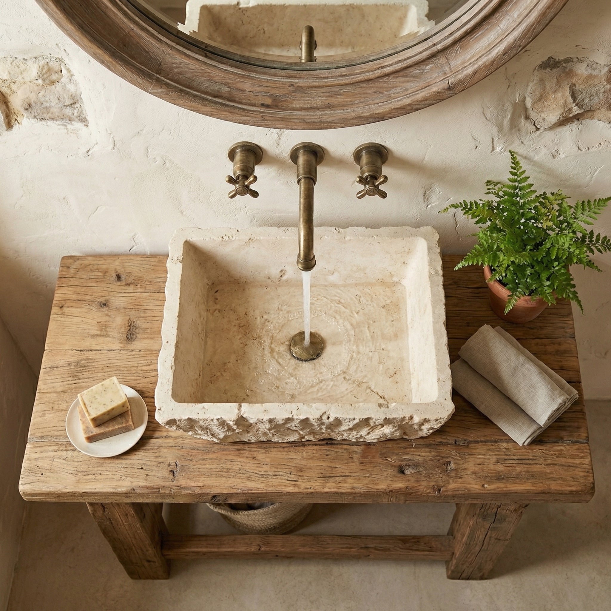 Troia Light Rustic Travertine Rectangular Above Vanity Bathroom Sink Hand Chiseled Exterior