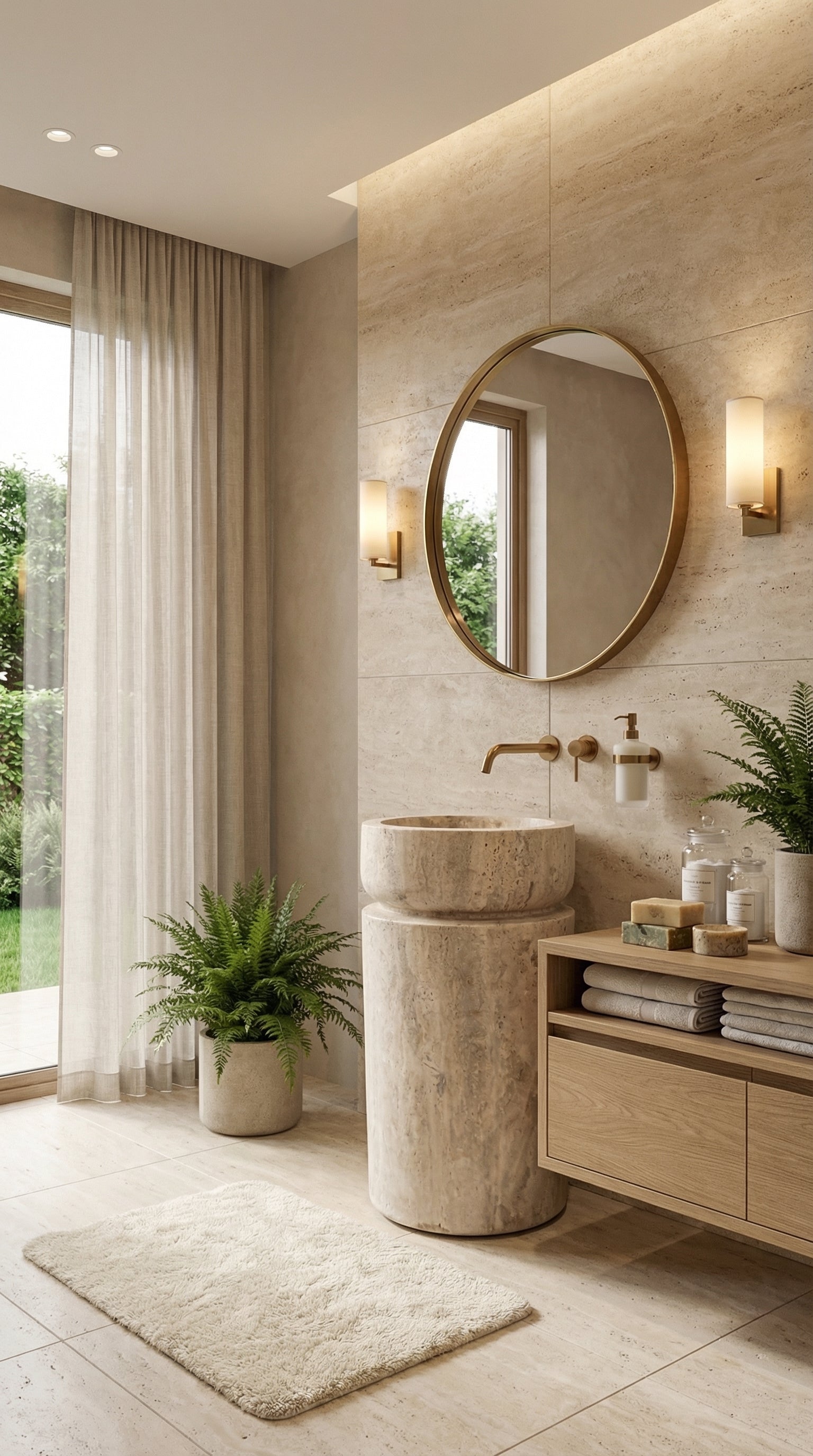Troia Light Travertine Designer Pedestal Stand-Alone Sink (W)18" (L)18" (H)33"
