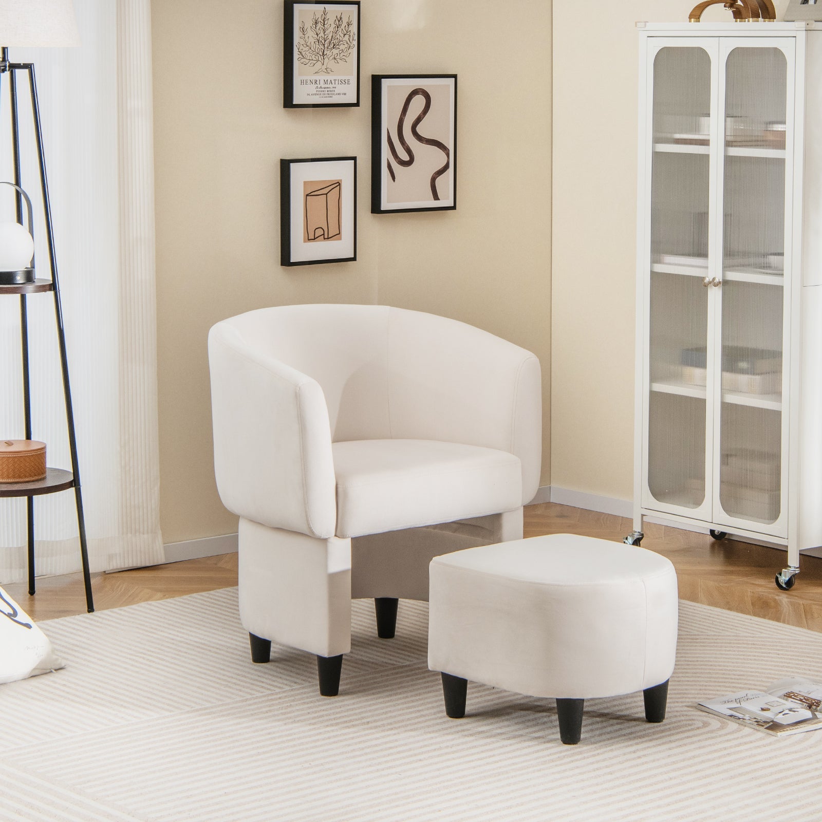 Upholstered Velvet Barrel Chair with Ottoman
