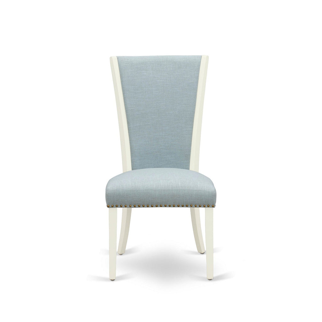 5-Piece Linen White Dining Set with Blue Fabric Chairs