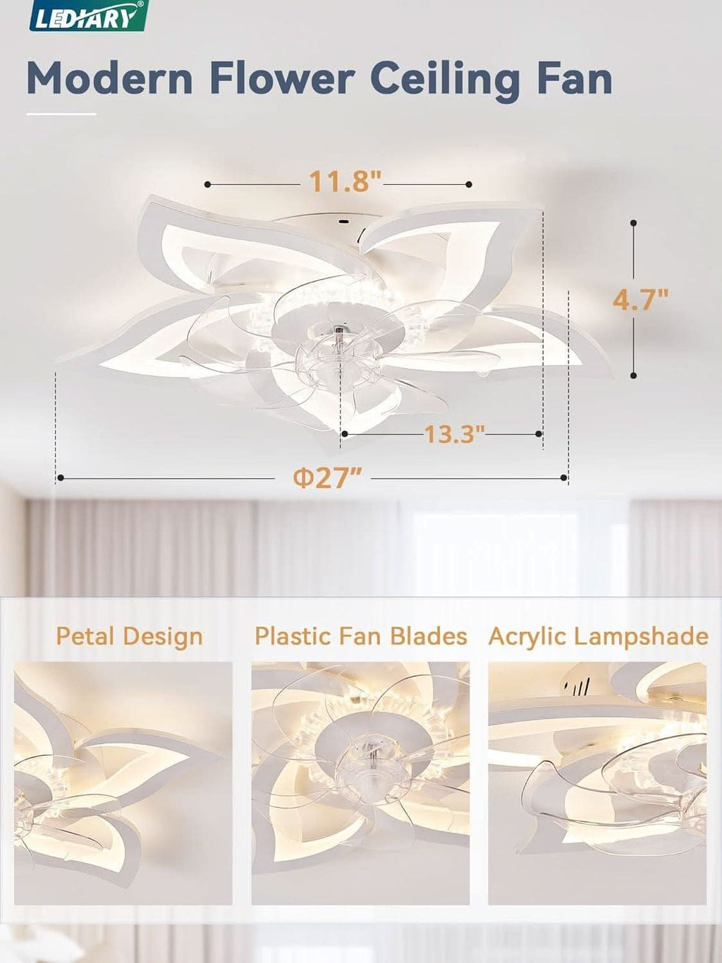 27 Inch Low Profile Ceiling Fan With Integrated LED