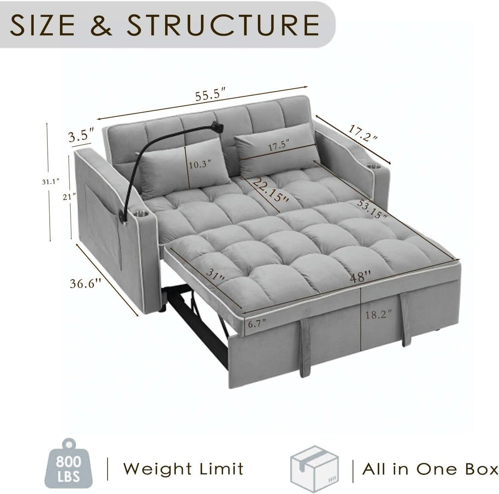 Grey Convertible Sleeper Loveseat Bed With ThreeInOne