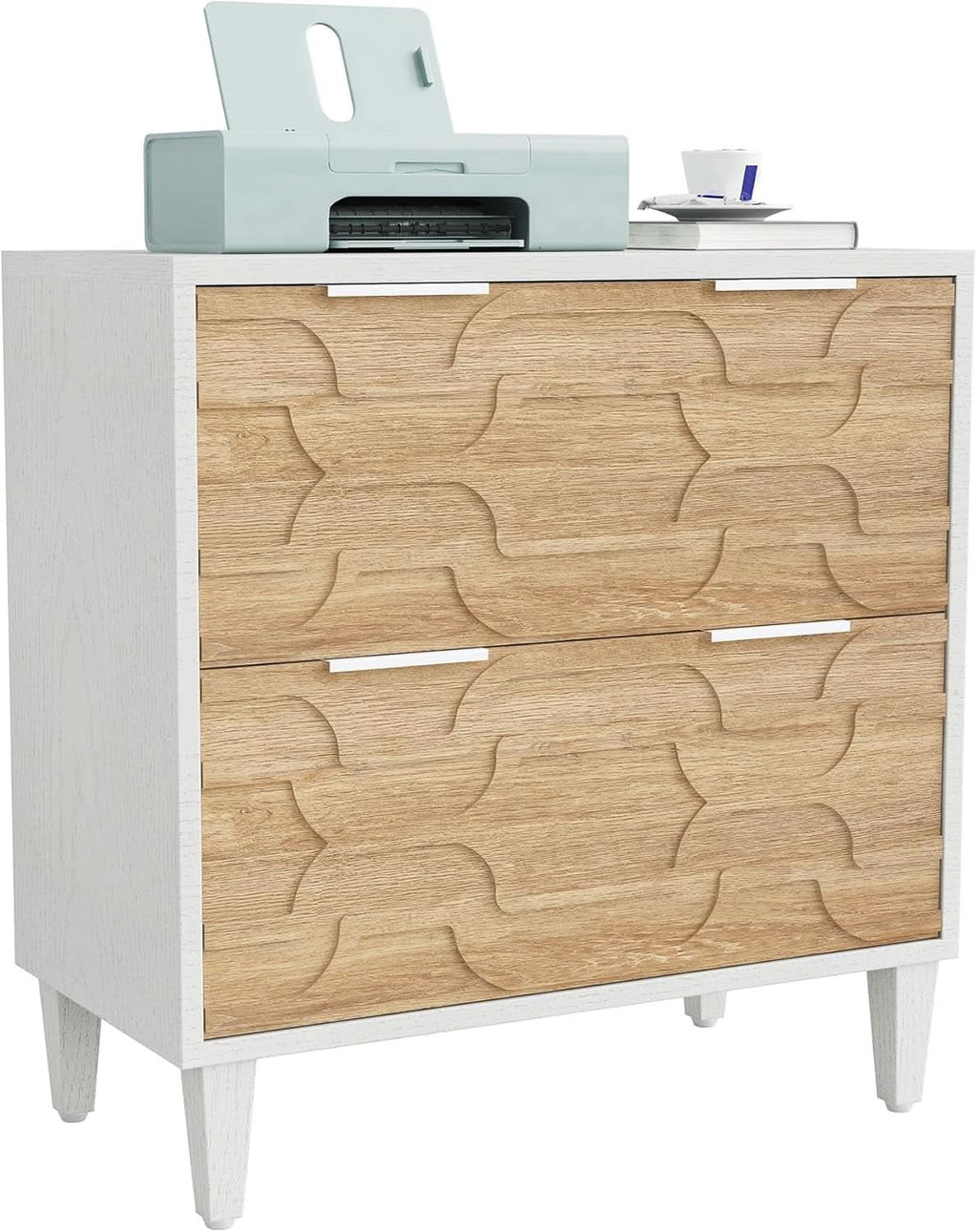 Two Drawer Lateral File Cabinet For A4 Letter And Legal Size Documents White And Walnut Printer Stand