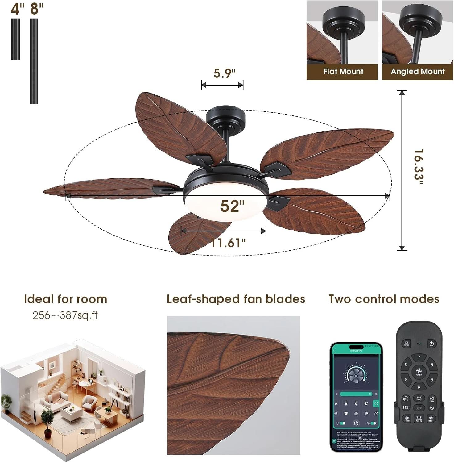 52 Inch Outdoor Palm Leaf Ceiling Fan With Dimmable LED