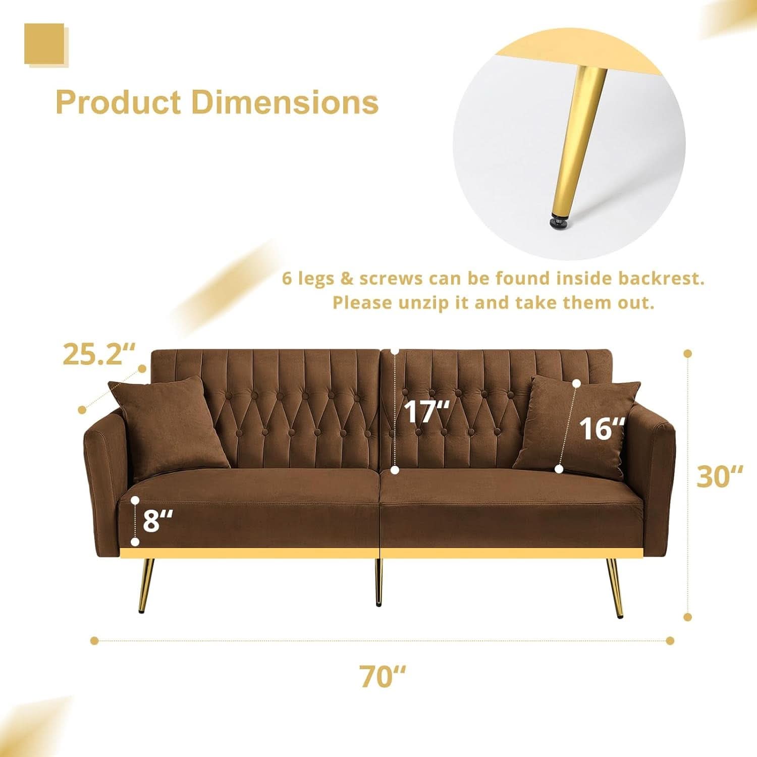 2 Piece Velvet Sofa Set With Adjustable Armrests, 70 Inch Convertible Futon Sofa Bed, Brown