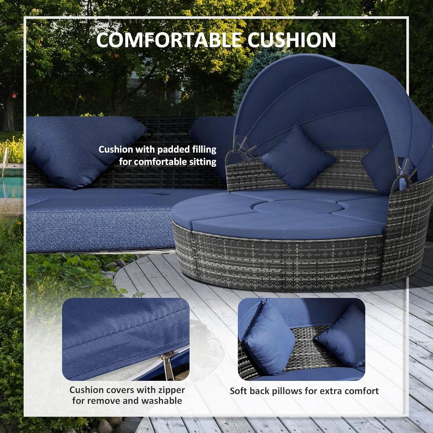 Round Convertible Daybed With Sun Canopy Outdoor Dark Blue