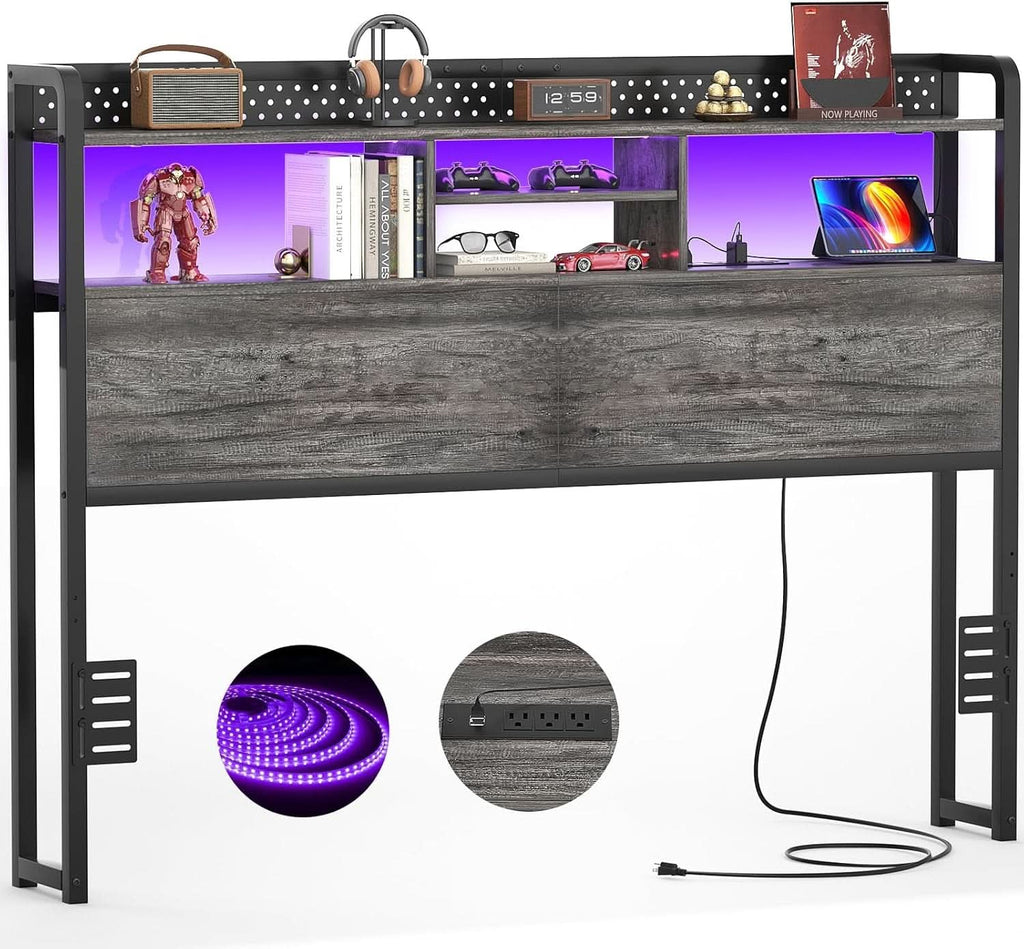 Queen Size Headboard With Storage Shelf And USB Ports