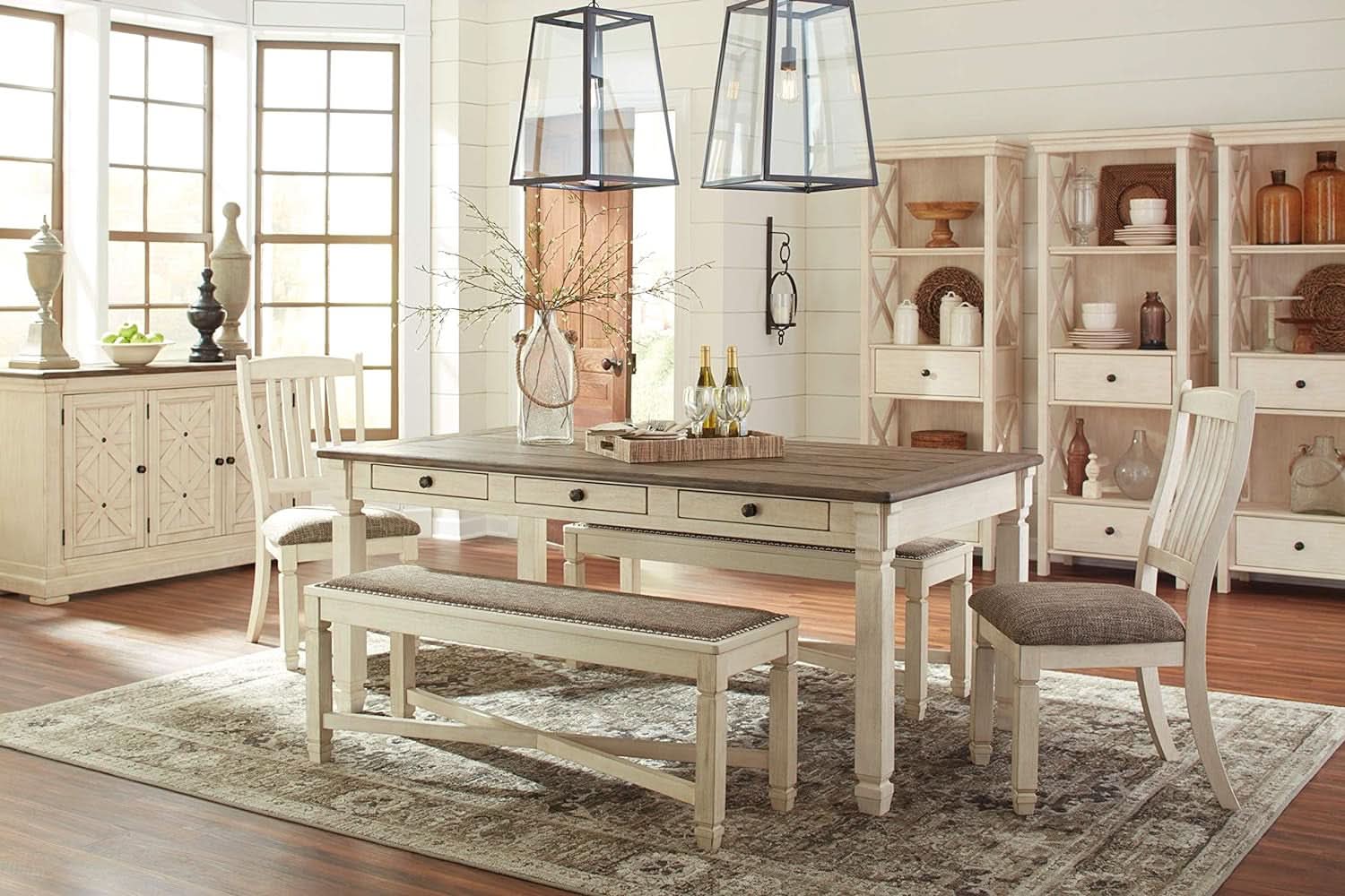 Bolanburg Farmhouse Dining Table Drawers Whitewash Seats 6
