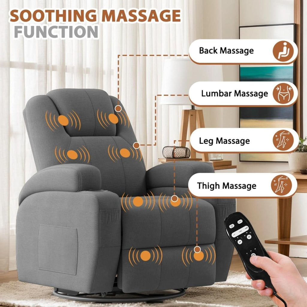 Gray Fabric Swivel Rocker Recliner With Vibration Massage
