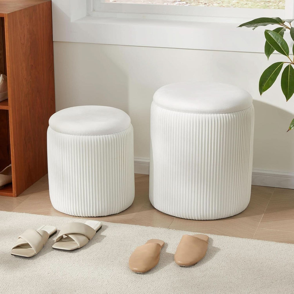 Compact Round Velvet Storage Ottoman TwoPack White