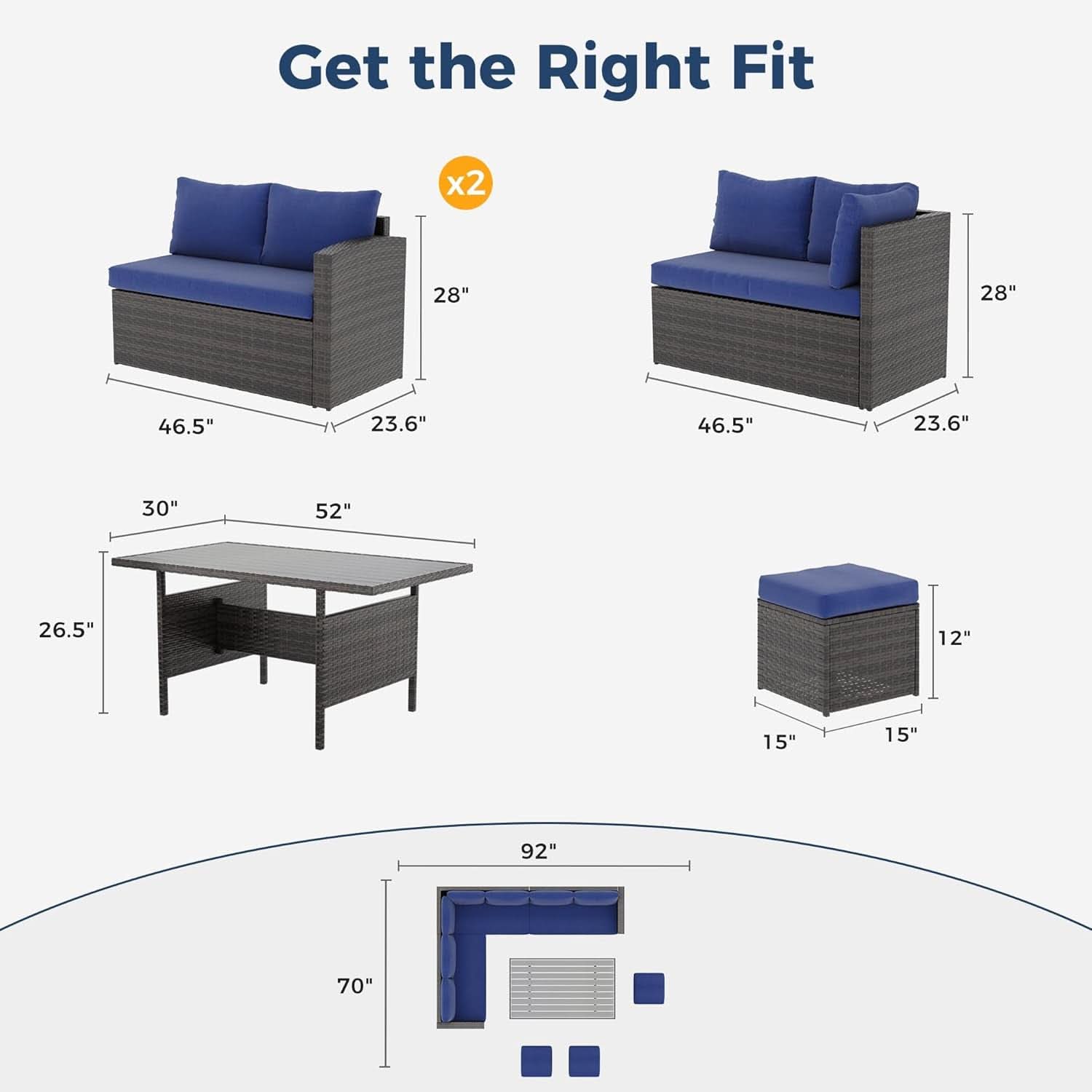 Blue 7 Piece Outdoor Patio Furniture Set With Table Chairs
