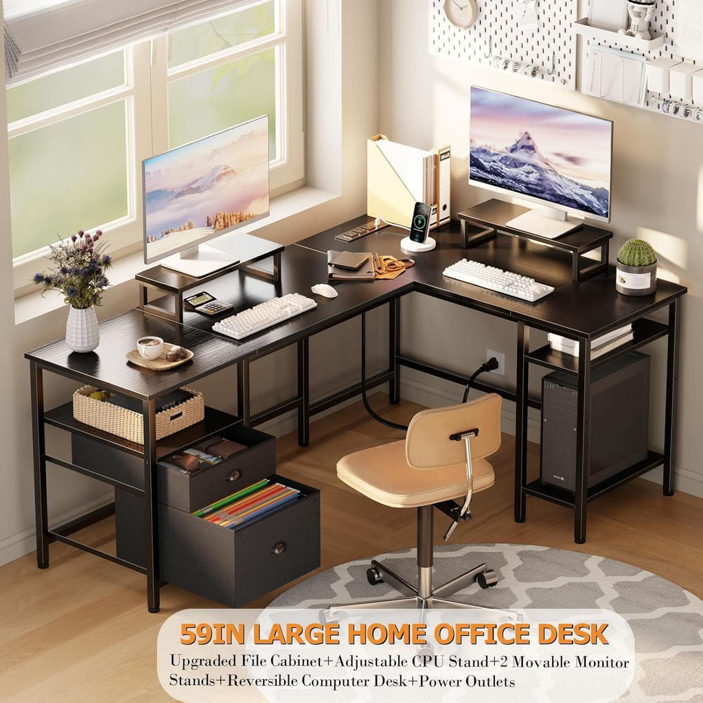 59-Inch L-Shaped Desk with Black Storage Drawers