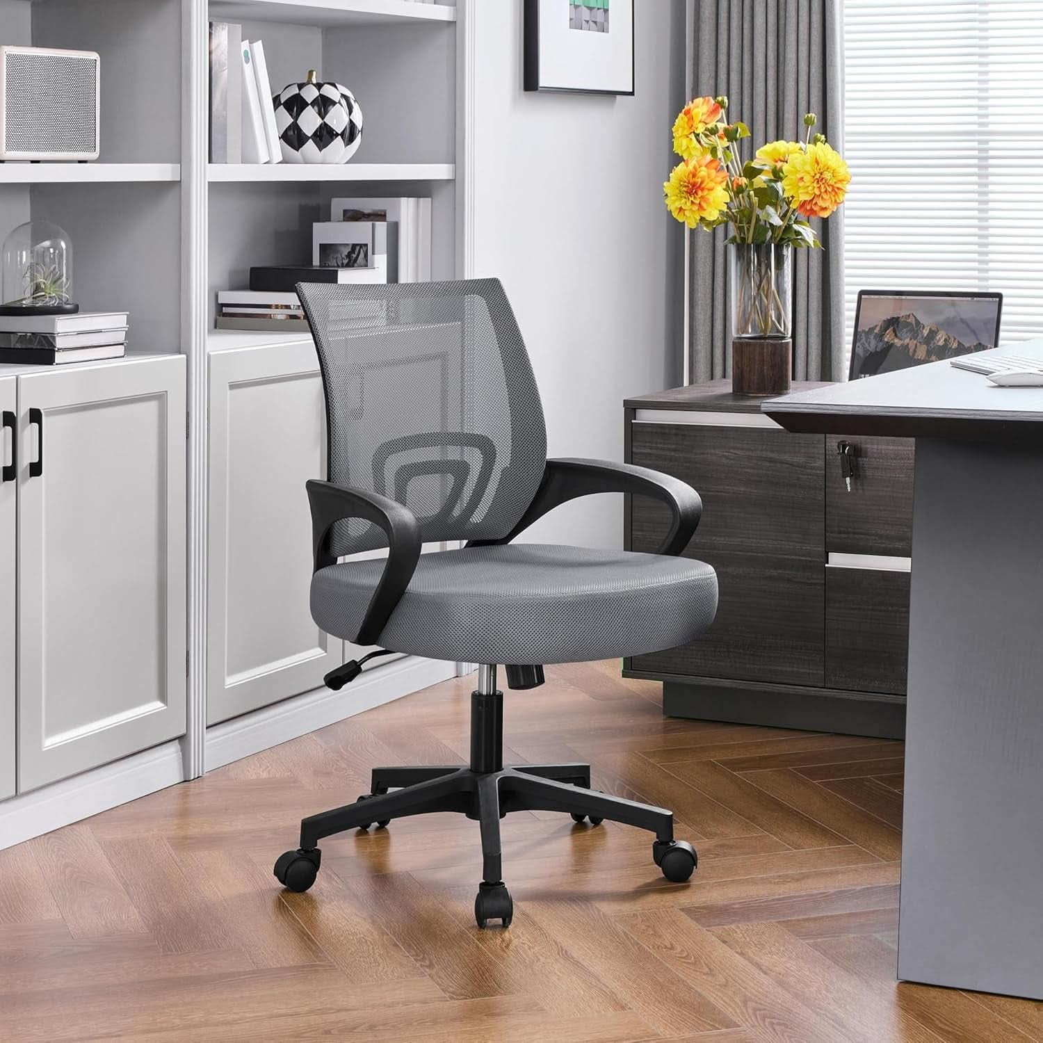 Dark Grey Ergonomic Mesh Office Chair With Lumbar Support Mid Back