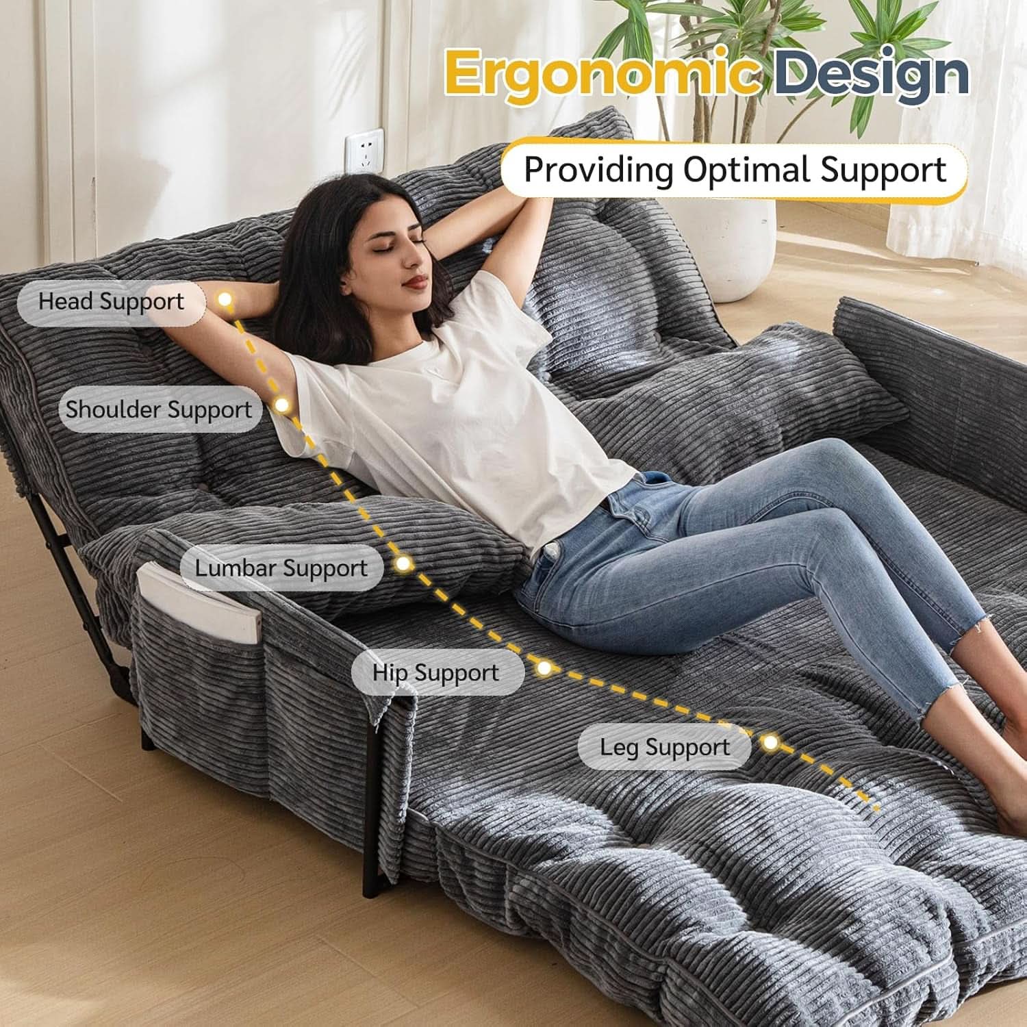 Customizable Dark Grey Floor Sofa Bed With Five Position Adjustment