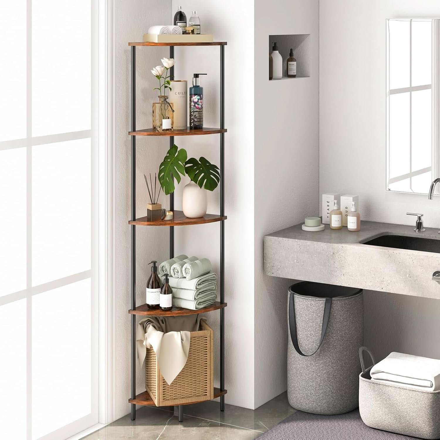 65 Inch Rustic Corner Shelf Stand 5 Tier Bookshelf