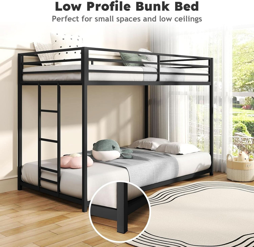 Twin Over Twin Metal Low Profile Bunk Bed With Guardrails And Ladder Black