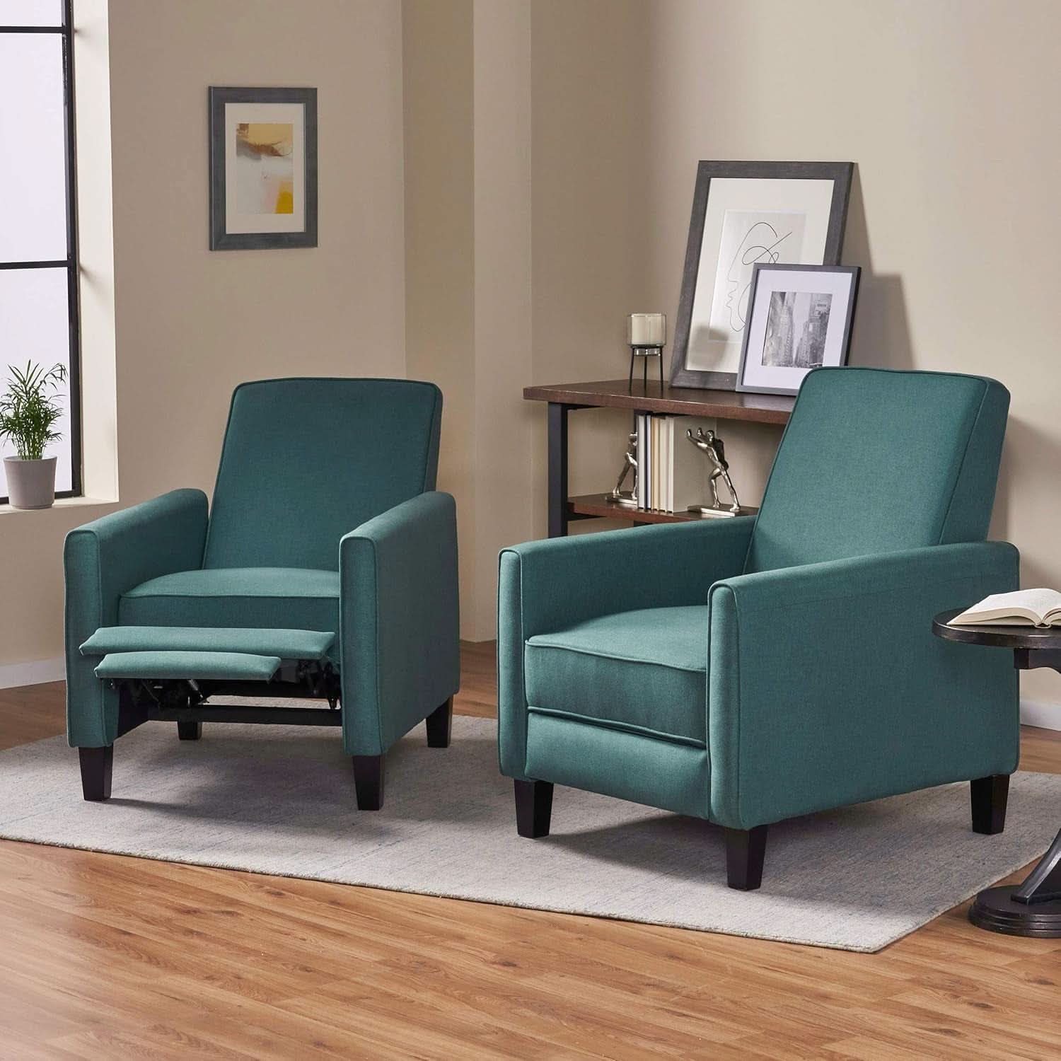 Emmie Fabric Recliner Set In Dark Teal And Dark Brown