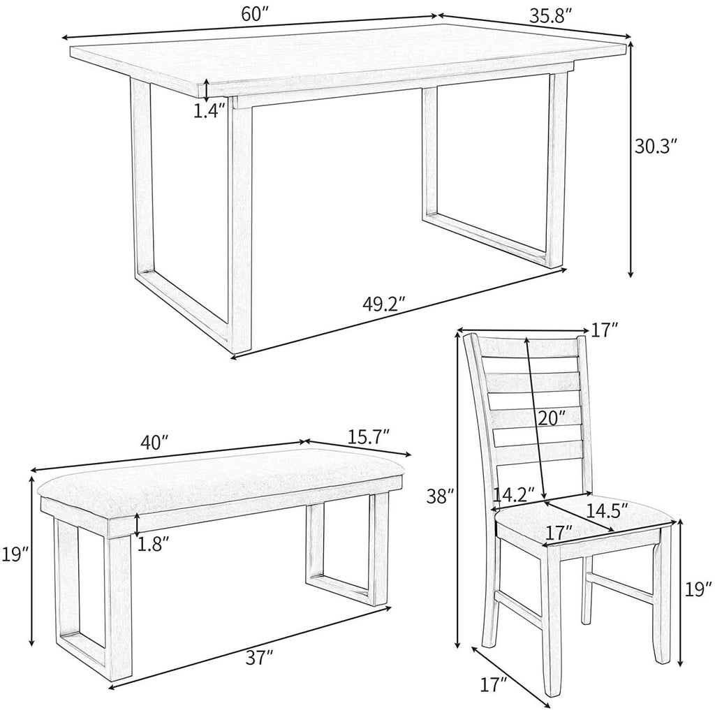 6 Piece Rustic Wood Dining Set With Bench And Chairs