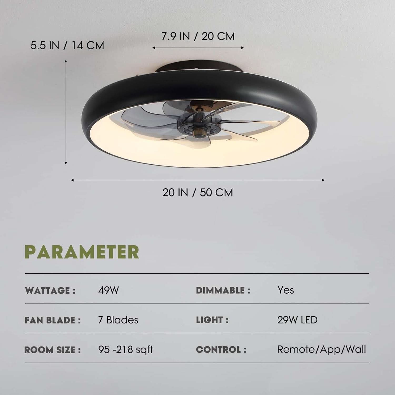 20 Inch Black Flush Mount Smart Ceiling Fan With LED Lights