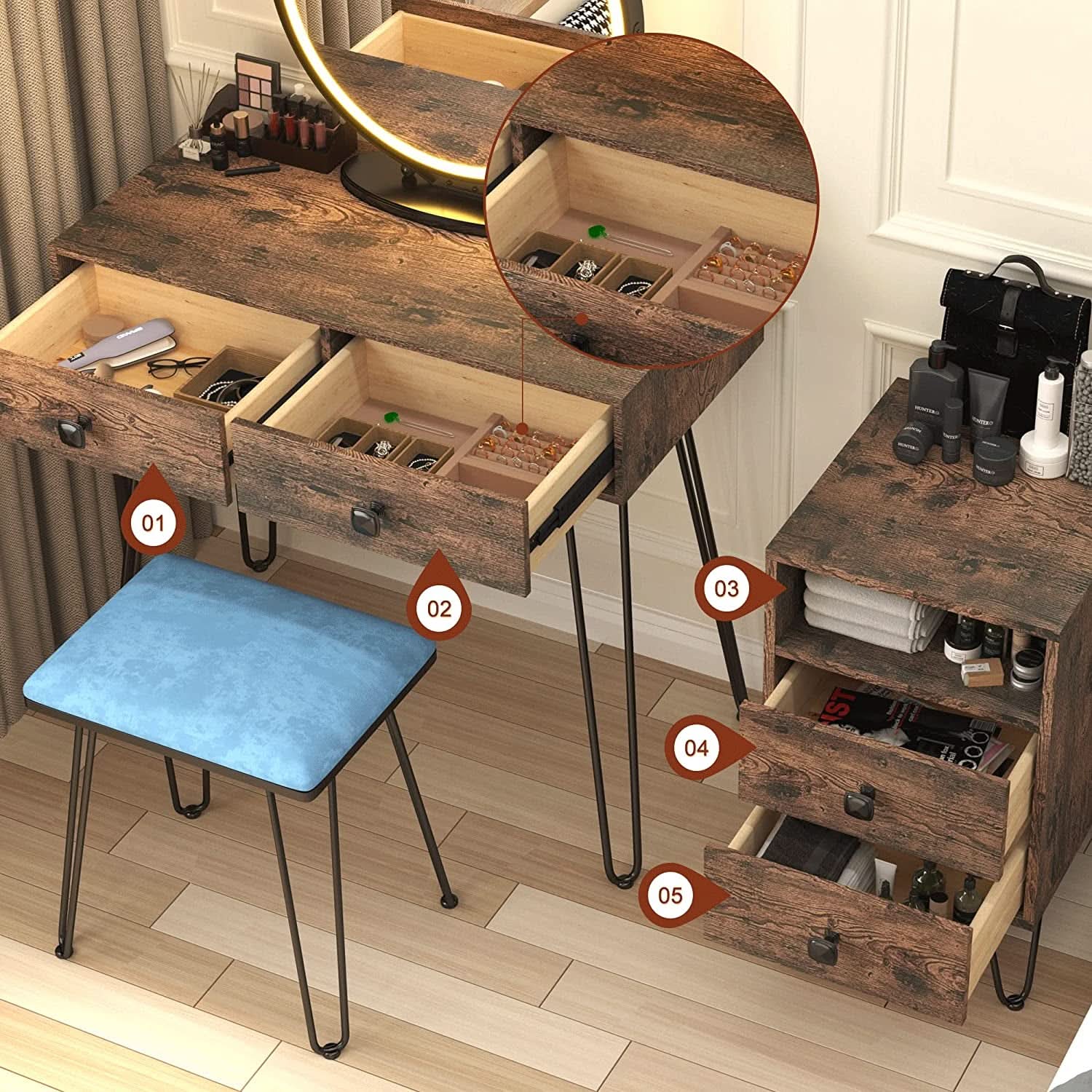 Vanity Desk Set With Drawers And LED Lighted Mirror