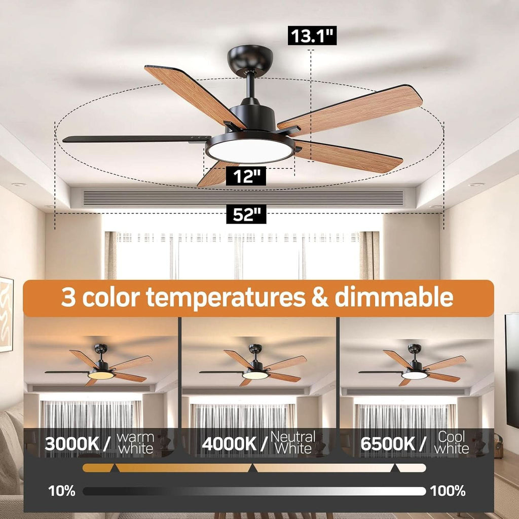 52 Inch Black Ceiling Fan With LED Light And Remote