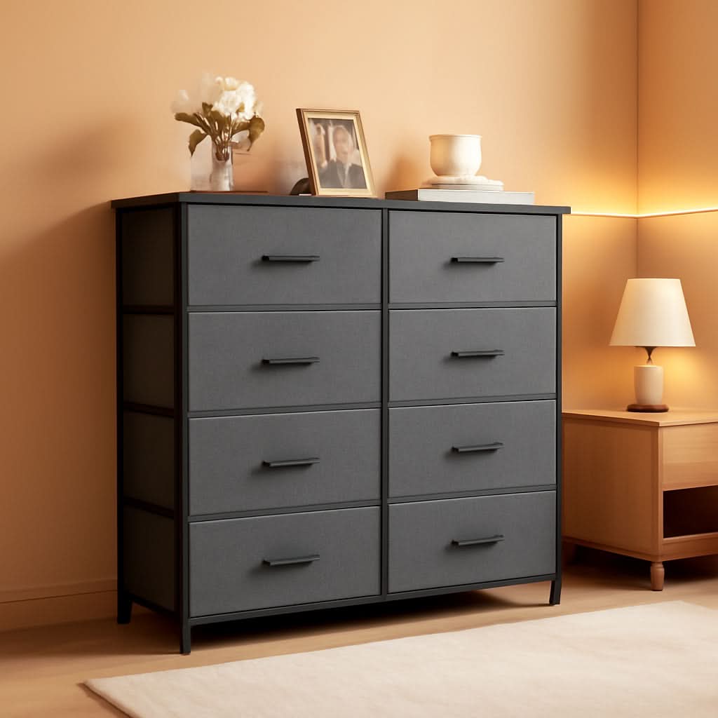 Tall Dresser With 8 Drawers And Fabric Bins For Bedroom