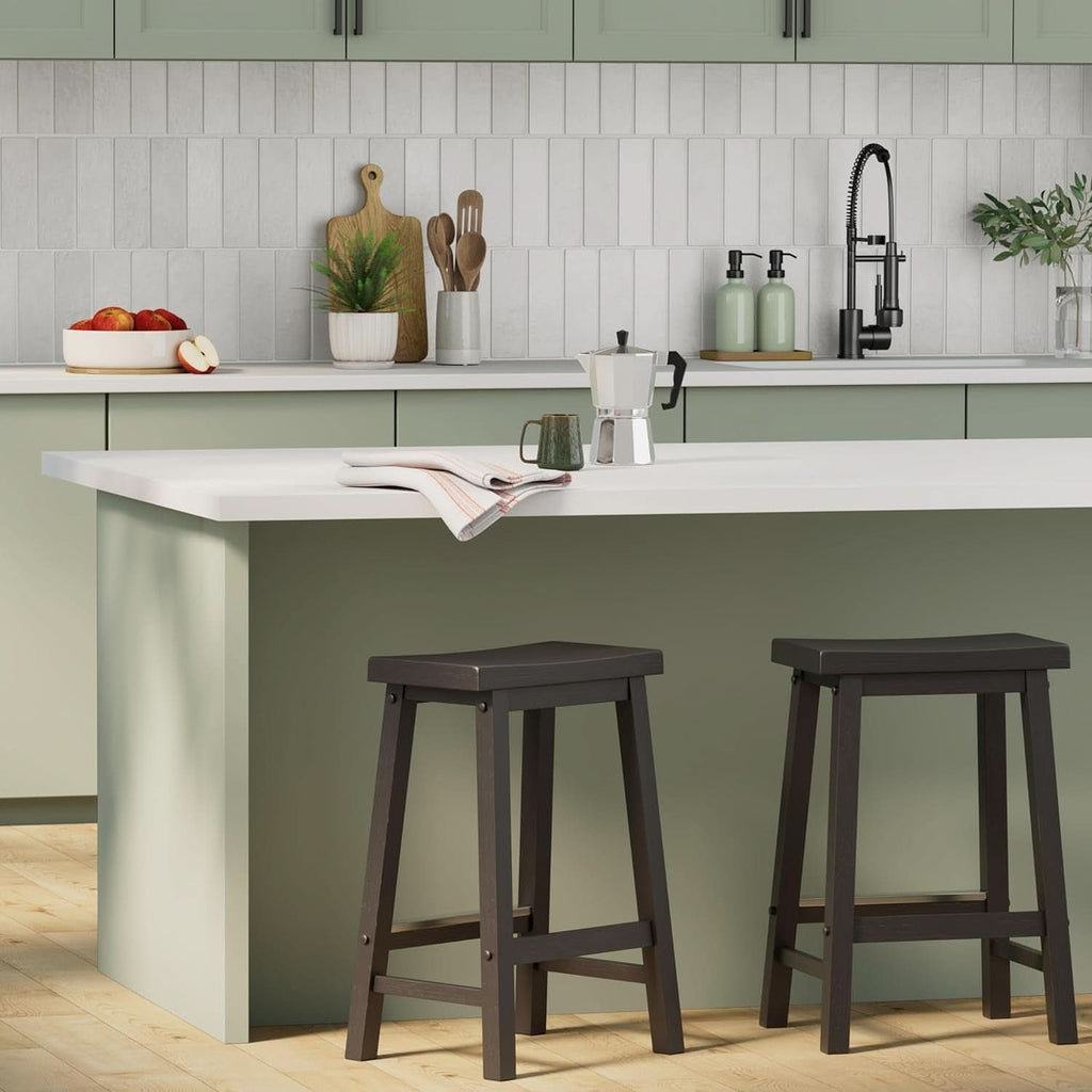 Solid Wood Saddle Bar Stool Counter Height Set 2 Black 24In