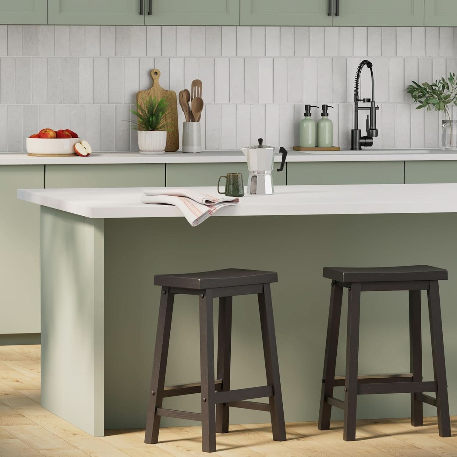 Solid Wood Saddle Bar Stool Counter Height Set 2 Black 24In