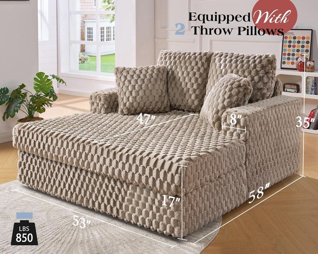 Brown Plush Sleeper Chair 53Inch Chaise Lounge With Pillows