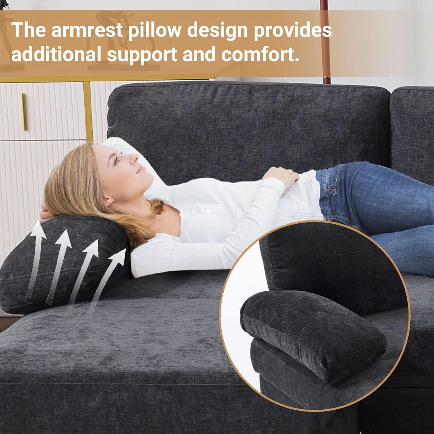 Black U-Shaped Sectional Sofa with Double Chaise