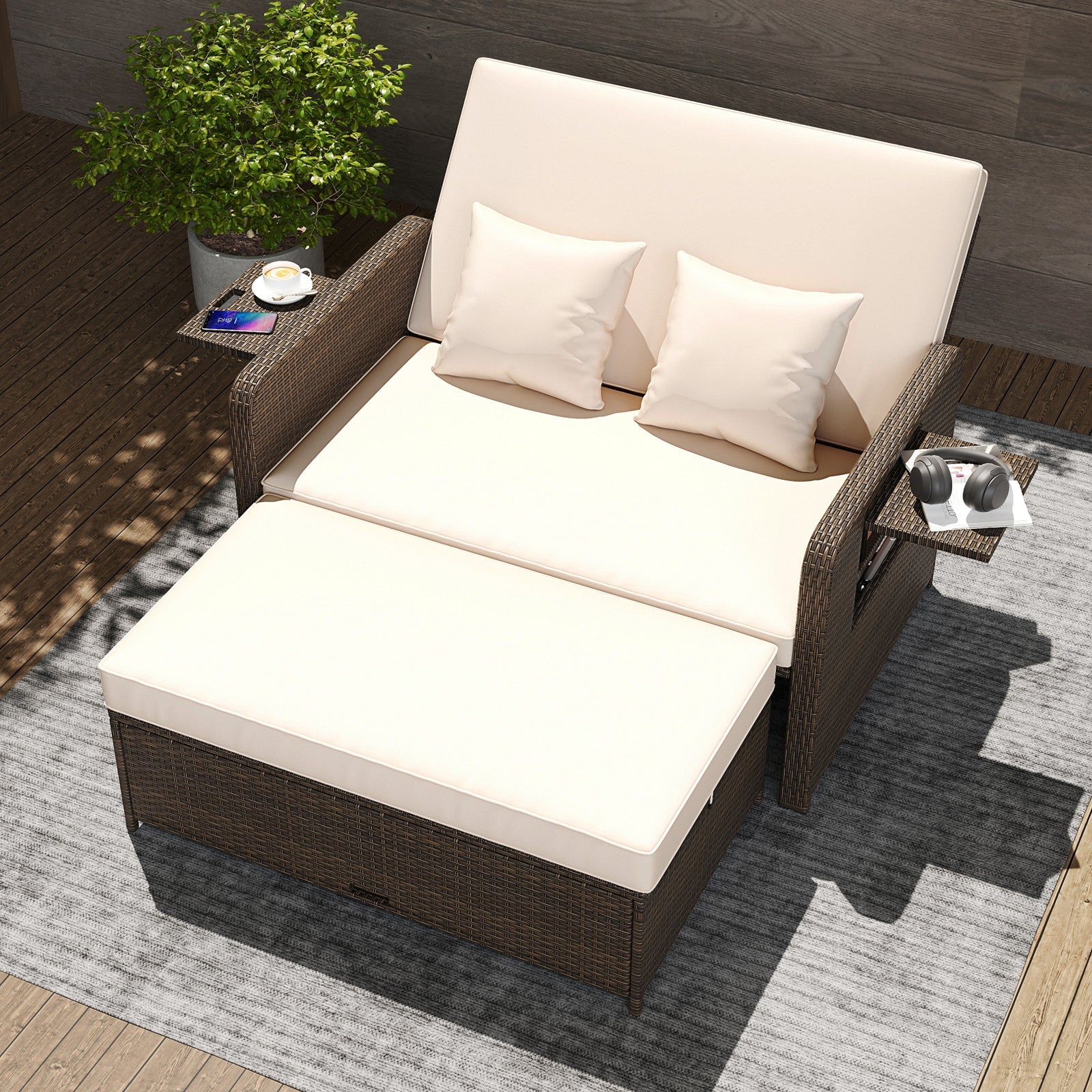 Premium Adjustable Outdoor Patio Daybed Set with Cushions and Storage Ottoman
