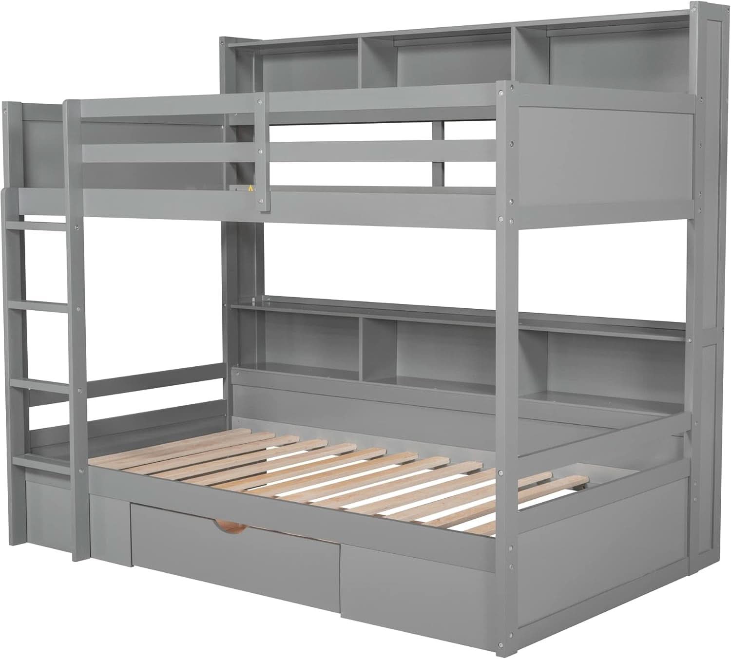 Grey Wood Twin Over Twin Bunk Bed With Storage Shelves And Drawer