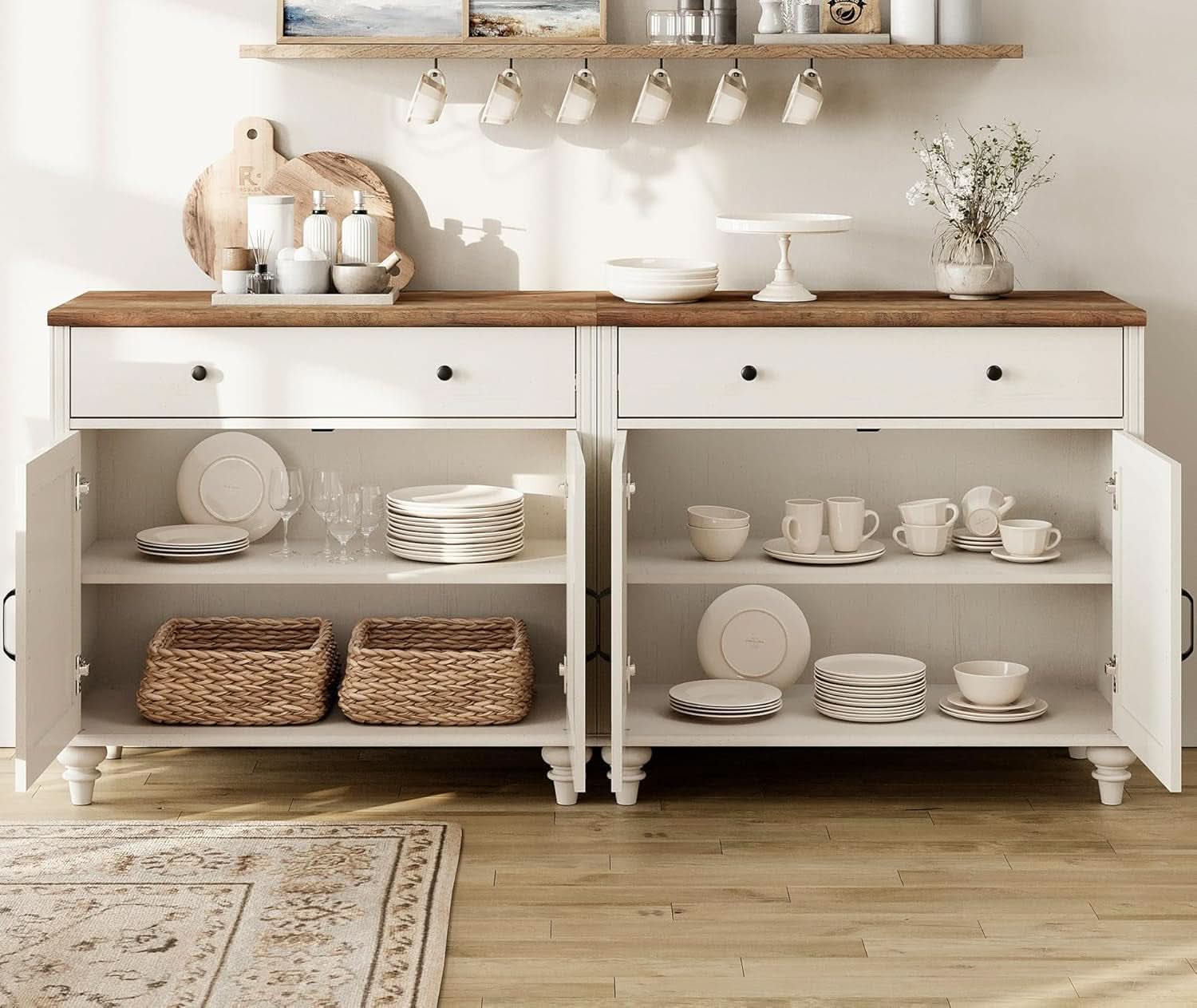 Farmhouse TV Stand For 75 Inch TV Off White 8 Doors