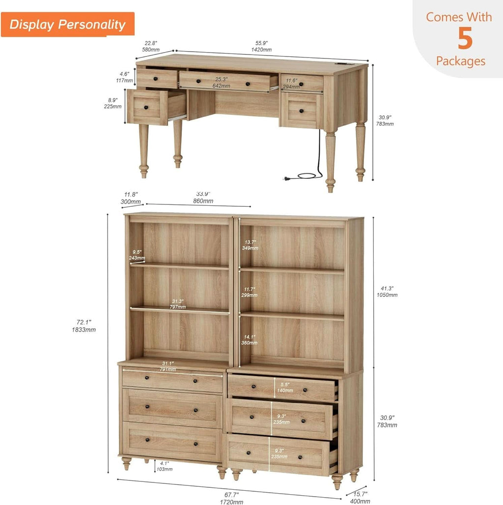 Oak Executive Workstation Set with Wireless Charging