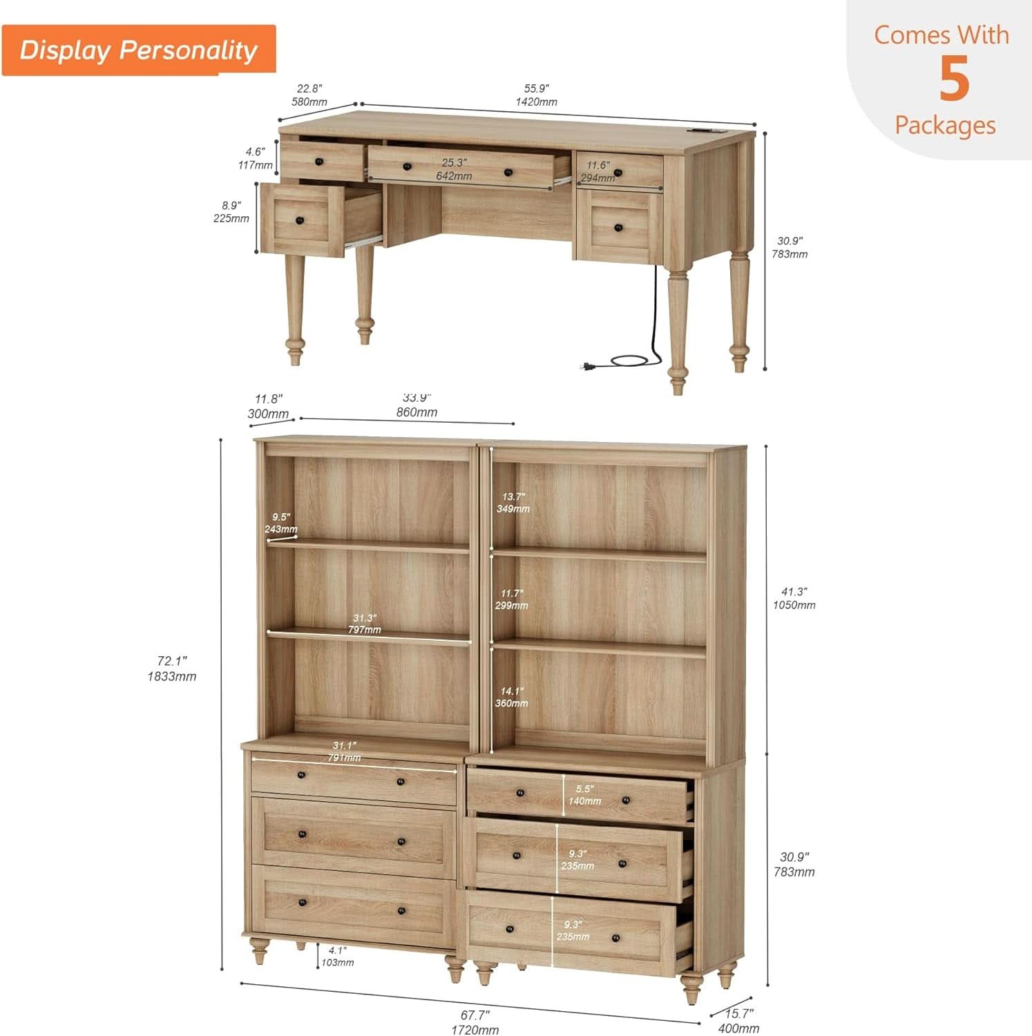 Oak Executive Workstation Set with Wireless Charging