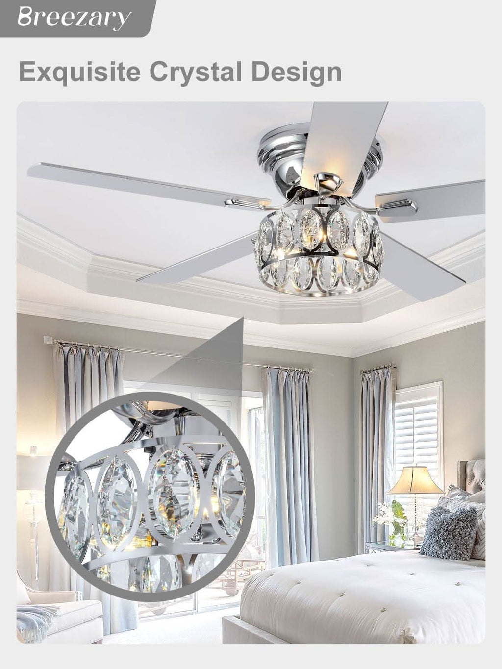 52 Inch Flush Mount Ceiling Fan With Remote LED Crystal Lighting