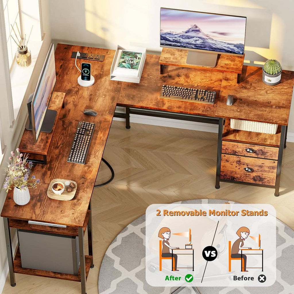 59-Inch L-Shaped Desk with Power Outlet and Shelves